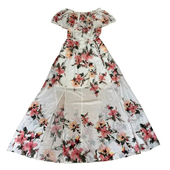 White House Black Market Floral Maxi Dress Chiffon Off the Shoulder Ruffle M NWT - Picture 2 of 10